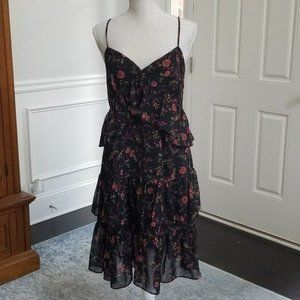 Scripted Spaghetti Strap Black Floral Dress Ruffled Layers Size Large